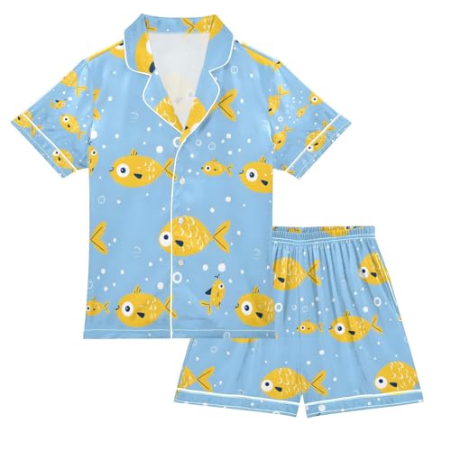 senya Yellow Fish Blue Satin Summer Pajama Sets Silk Short Sleeve Button Down Sleepwear