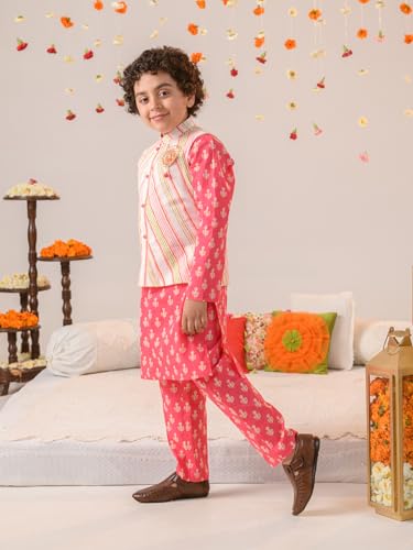 Pspeaches Boys Ethnic Motifs Printed Pure Cotton Kurta With Pyjamas Nahru Jacket