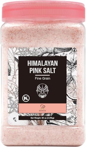 Soeos Himalayan Pink Salt, Fine Grain, 80oz (5 Pound), Non-GMO Himalayan Salt, Kosher Salt, Pink Himalayan Sea Salt Fine