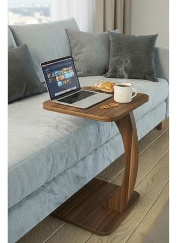 INTRAHAUS C Shaped Wooden Sofa Side Table for Living Room | Multipurpose Laptop Table for Couch Bed & Recliner | Space Saving Portable End Table | Modern Furniture for Home & Office Use (NB)