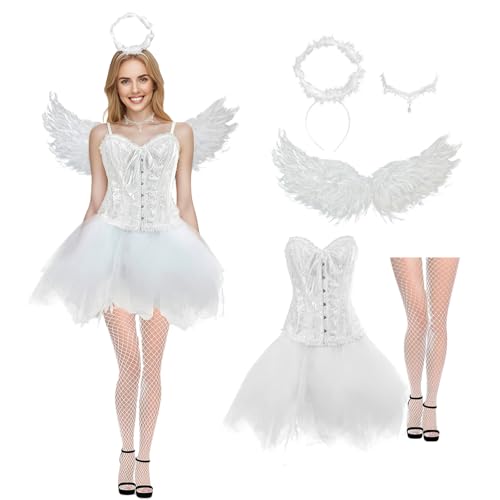 Zophlly Engel Kostüm Damen, Engel Teufel Flügel Kostüm, Weißes Korsett Top Tüllrock mit Heiligenschein und Teufel Hörner für Halloween Karneval...