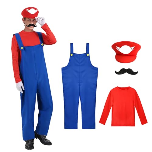 WVWMYM Deguisement Mario Adulte, Costume Carnaval Homme Plombier Avec Bodysuit, Deguisement Mario Hommes Femmes, Casquette Moustache Marios, Costumes Carnaval Cosplay Hommes Femmes