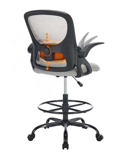 Image of LukkDys Drafting Chair with 4D Multi-Adjustable Backrest, Tall Office Chair 19.7 inch-27.6 inch Seat Height, Ergonomic Standing Desk Chair with Flip-up Arms, Foot Ring, Grey&Black