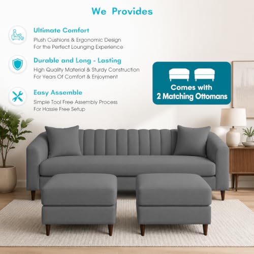 Image of Doraldo 3 Seater Sofa Set with 2 Ottoman for Living Room (Dark Grey) Premium Fabric Sofa
