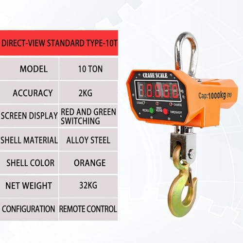 Electronic Crane Scale,Digital Hanging Scale with Remote, Industrial Crane Scale, with Shackle and Hook, Highly Visible LED Display,for Farm, Fishing(10T)