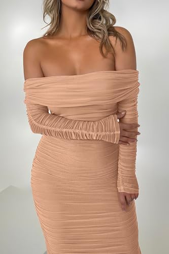 Prettygarden Women'S Fall Off Shoulder Maxi Bodycon Dress Long Sleeve Ruched Fitted Club Dresses With Slit thumb #7