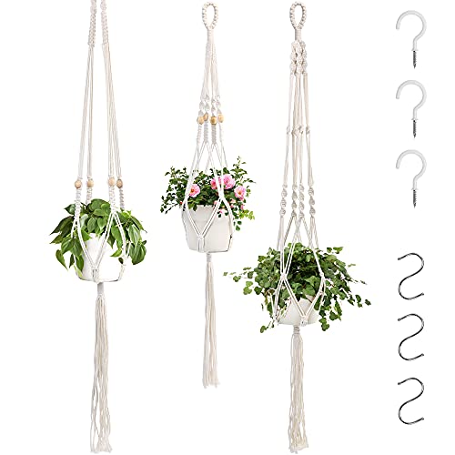 LotFancy Macrame Plant Hangers 3 Pack, Indoor Outdoor Hanging Planters with 6 Hooks, Hanging Plant Pot Holder for Boho Home DÃ©cor, 4 Legs, 3 Sizes, White
