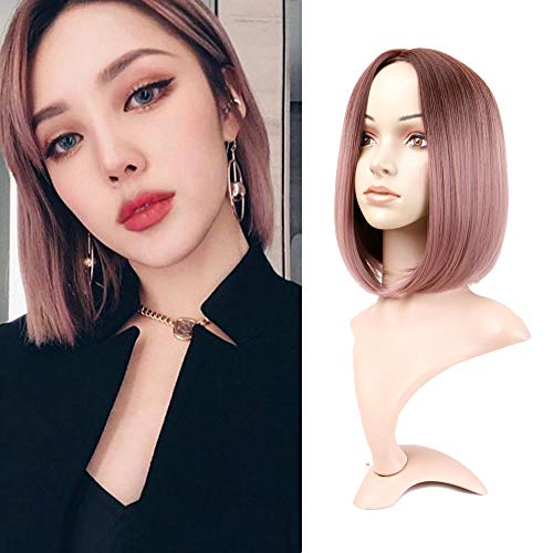 Queentas Ombre Ash Pink Wig Short Bob Straight Middle Part Synthetic Hair Wig Cosplay Party for Women with Wig Cap(12inch Ombre Brown to Pink)