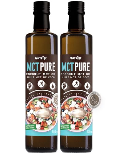NUTRIBE MCT Öl PURE C8 C10 2x500ml - Höchster Qualität, Mechanischer Destillation, 100% kokosnuss - Gesund für Stoffwechsel, Gehirn, Herz