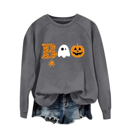 Image of Womens Sweaters Halloween Graphic Crew Neck Casual Sweatshirts Grey