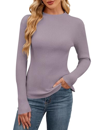 QACOHU Womens Fall Long Sleeve Ribbed Knit Sweater Crewneck Casual Slim Fit Pullover Jumper Tops