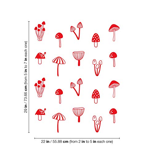 Set Of 20 Vinyl Wall Art Decal - Mushroom Pattern - From 5" X 2" Each - Cool Adhesive Sticker Cute Design For Baby Kids Room Bedroom Playroom Home School Classroom Nursery Decor (Red) #TOP2