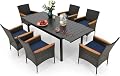 PHI VILLA 7 Piece Outdoor Expandable Dining Set for 6, Extendable Rectangular Metal Dining Table & Wicker Cushioned Chairs, Large Dining Furniture for Patio, Backyard, Deck