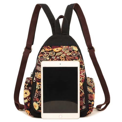 Image of SILKAREA Canvas Sling Backpack for Women Embroidered Travel Chest Bag Multi-purpose Backpack Purse Shoulder Bag (Embroidered Y)