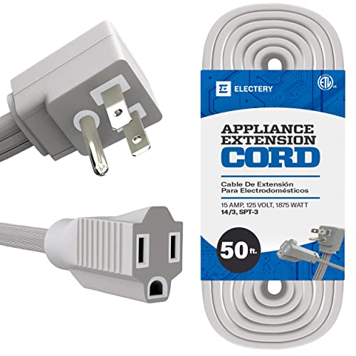 Heavy Duty Appliance Extension Cord, 14 AWG - 3 Prong Grounded Flat Plug, Gray Power Wire for Indoor Air Conditioner and All Major Appliances, 15 Amps, 1875W, ETL Listed. (50 Ft)