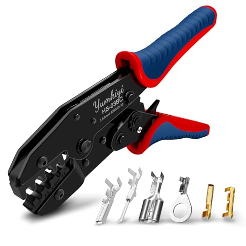 Yumkiyi Crimping Tool for Non-Insulated Open Barrel Terminals, AWG22-10 – Ratchet Crimp Tool, Adjustable Force Wire Crimper Tool HS-03BC