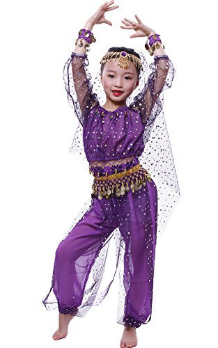 Astage Little Girl`S Belly Dance Costumes,Long Sleeve Highlights Top,Pants Purple M (6Y-8Y)