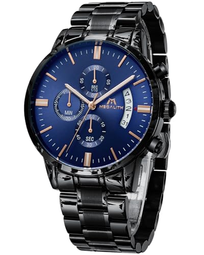 MEGALITH Herrenuhr Schwarz Edelstahl Militär: Chronographen Herren Armbanduhr Wasserdicht Leuchtende Datum - Uhren fur Männer Blau Ziffernblatt Mode Casual