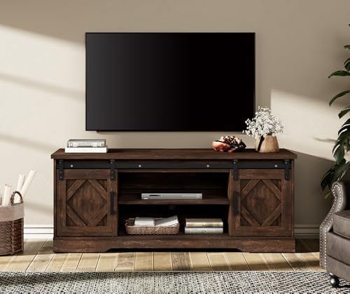 WAMPAT Modern Farmhouse TV Stand for up to 65" TV with Sliding Barn Door, 23.6" H Wood Entertainment Center with Adjustable Media Storage Shelf for Living Room, Dark Walnut Brown