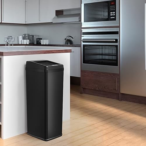 Image of iTouchless 14 Gallon Sliding Lid Automatic Sensor Trash Can with Odor Filter System, 52 Liter Black Steel Touchless Kitchen Garbage Bin, Matte Black