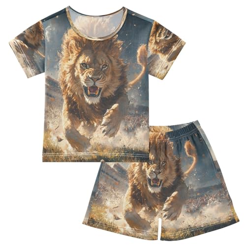 ALAZA Lion Running Pajamas Set Short Sleeve Cotton Sleepwear Summer Pjs 2 Piece 5-14Y