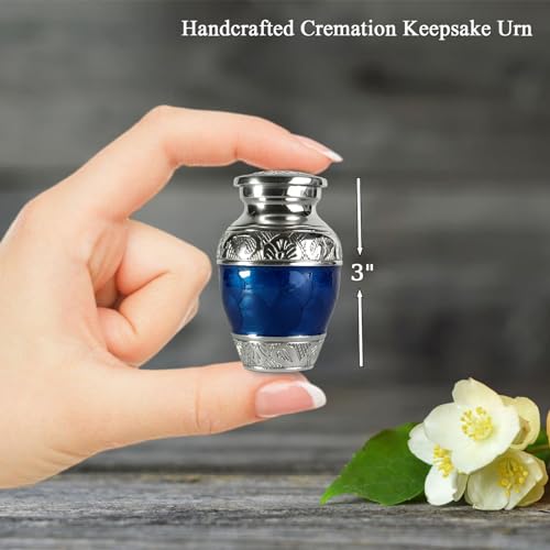 Image of Small Urn for Human Ashes Keepsake - Mini Urn for Ashes - Handcrafted Blue Keepsake Urns - Memorial Ash Holder Tribute