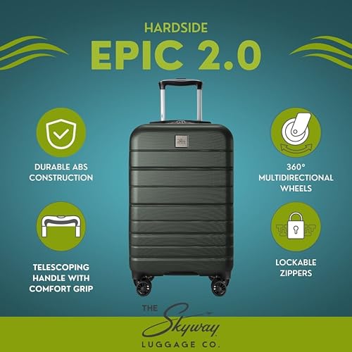 Skyway Epic 2.0 Hardside Lightweight and Durable ABS Shell Luggage, Spacious with 4-Wheel Spinners, Comfort Grip with Telescoping Handle, Men and Women, Thyme, 3-Piece Set (20,24, 28)2