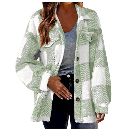 Women Plaid Fleece Flannel Shacket Fuzzy Sherpa Casual Jackets Long Sleeve Button Down Shirts Fall Winter Clothes 2024