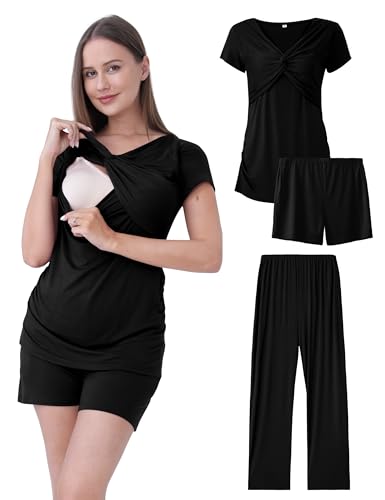 Image of QUNISY Maternity Nursing Pajamas Set 3PCS, Breastfeeding Tops, Adjustable Shorts & Pants, Postpartum Hospital Bag Essentials