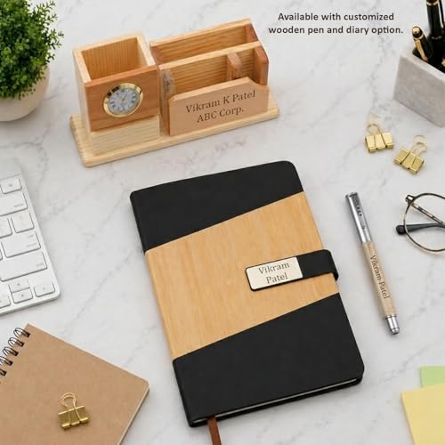 Image of Deskart Customized Multipurpose Pen Holder Stand | Premium Wooden Desk Organizer with Clock, Business Visiting Card and Mobile Holder