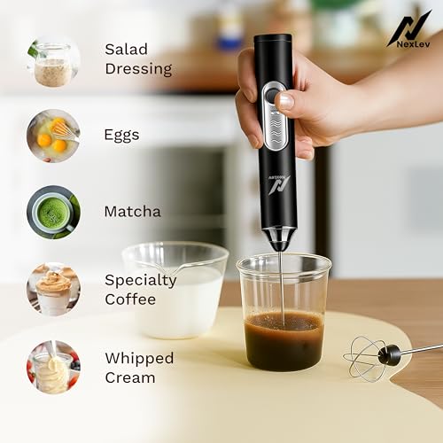 Image of NexLev Rechargeable Milk Frother & Coffee Whisker | 3 Speed | Stainless Steel Dual Spring Tech | Perfect for Coffee Lattes Milk Hot Chocolate Omlete & Cream | Handheld Beater for Foam |MF-01