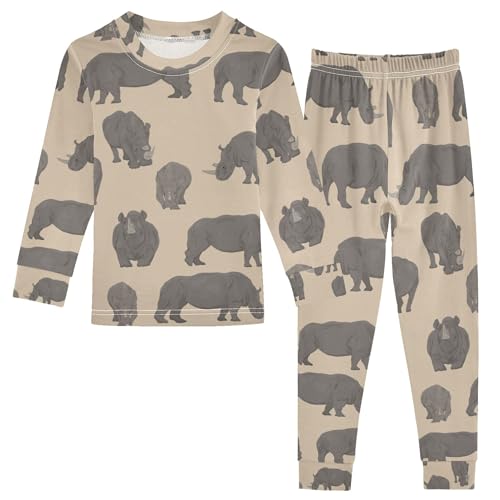African Animal Rhinos Pajama Sets Long Sleeve Top with Pants Cotton Soft Sleepwear 2 Piece Pjs Set, 6 Years Old