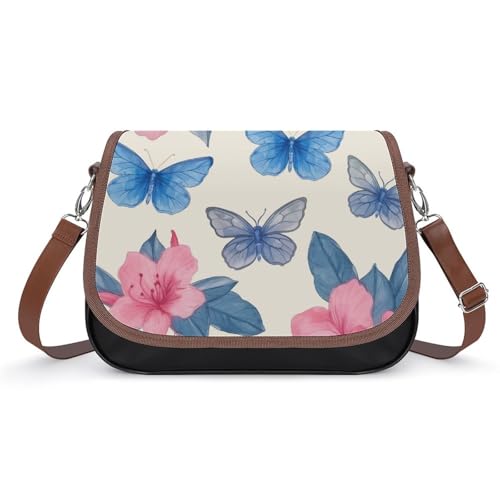 Sac à main pour femmes en cuir à motif azalée rose et papillons bleus