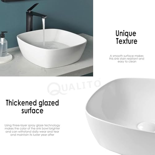 Image of QUALITO Table Top Wash Basin for Bathroom, Living Room, Hall, Dinning Room | Countertop /Over Counter Ceramic Vessel Sink /Basin | Glossy Finish Table Top Wash Basin (White, 16x16x6 Inch)