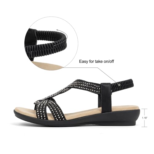 VJH confort Women's Flat Sandals Rhinestone Stretchy Strap Low Wedge Comfy Dressy Walking Sandals2