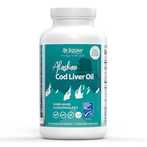 Jigsaw Health Alaskan Cod Liver Oil | 900 mg Omega-3s with EPA DHA and DPA | Includes Naturally Occuring Vitamins A & D | 180 Softgels | 60 Servings