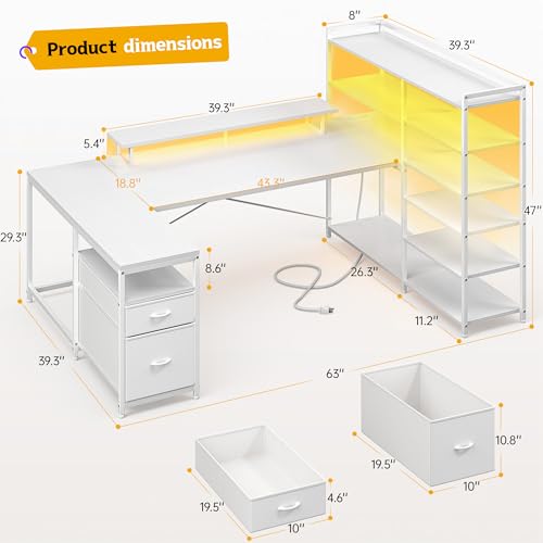 Image of DurayLoly 63 inch L Shaped Desk with 6-Tier Shelves & 2 Fabric Drawers,White | Reversible Corner Desk with Monitor Stand & CPU Stand,Power Outlet & LED Lights,Computer Desk for Home Office,Bedroom
