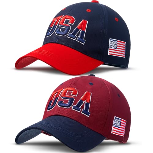 Image of Coume 2 Pack American Flag Baseball Caps for Men,Burgundy,Navy Blue | Adjustable Fit, Embroidered Stars Stripes, Veterans Day 4th of July, Breathable Cotton, Patriotic Outdoor Theme