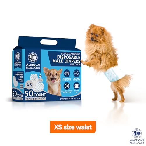 Image of American Kennel Club Male Dog Wrap, Disposable Diapers with Wetness Indicator, X-Small, 50 Count