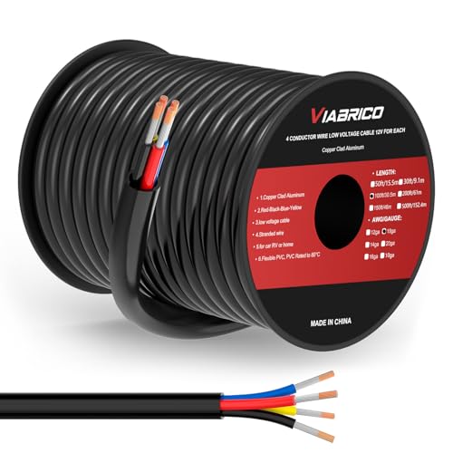 18 Gauge 4 Conductor Electrical Wire 18 AWG 0.82mm Wire PVC Cord 12V/24V DC Low Voltage/Copper Clad Aluminum Flexible/4 Wire for Automotive LED Strips Lamp Lighting Marine(30.5M/100FT)