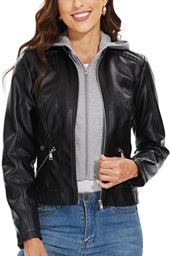 Fahsyee Women's Faux Leather Jackets with Hood,Black Crop Petite Zip Up Motorcycle Short PU Moto Biker Outwear Stand Collar Fitted Slim Coat, Size XL