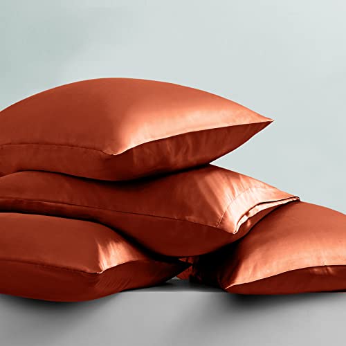 Image of Ersmak 7 Pieces Satin Sheets Set Queen Size, Luxury Silky Rust Orange Satin Bed Sheets Set with 1 Deep Pocket Fitted Sheet, 1 Soft Flat Sheet, 4 Queen Pillowcases and 1 Body Pillowcase