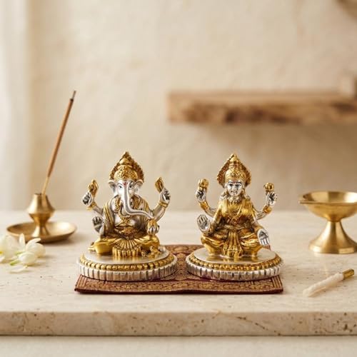 Image of eCraftIndia Golden Silver Plated Metal Laxmi Ganesh Murti for Diwali Pooja | Lakshmi Ganesh Idol | Diwali Decoration Items for Home Decor.