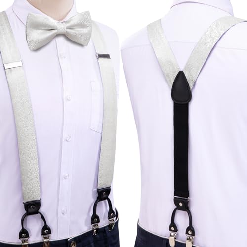 Image of Dubulle Suspender and Bow Tie for Men Paisley Solid Mens Suit Braces Pretied Bowtie and Handkerchief Cufflinks Formal Wedding