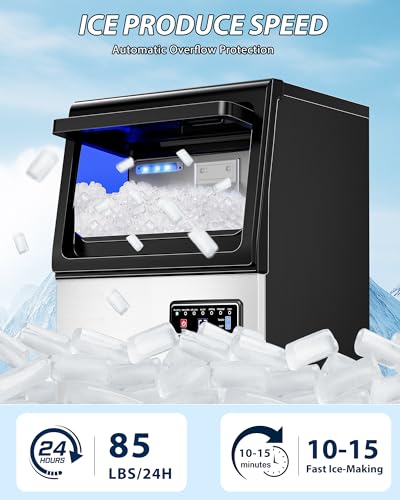 Image of Commercial Nugget Ice Maker, 85Lbs /24H Pellet Chewable Ice Machine | 15Lbs Storage Bin, Self-Cleaning Stainless Steel Freestanding Ice Machine for Business, Office, Party, Kitchen