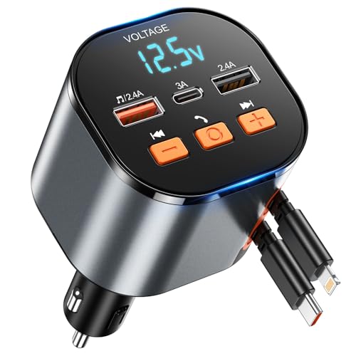 Retractable PD 30W Type-C and for iPhone Charger with Bluetooth 5.3 Car Adapter, FM Transmitter, Hands-Free Calling, MP3 Player, LED Display, and USB Support, Best Car Accessories for Phone