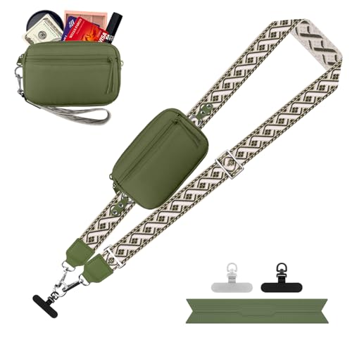 Image of YFWE Clip and Go Strap for Phone with Wallet Crossbody, Adjustable Phone Lanyard with Detachable RFID Wristlet Wallet, Pattern Strap - Olive Green(M)