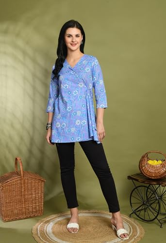 Image of feranoid Floral Print Angrakha 3 Sleeves Flared Kurti
