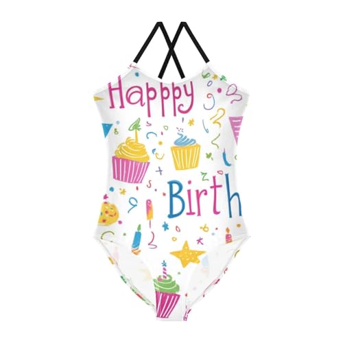 susiyo Pattern Happy Birthday Girls One Piece Swimsuits Quick Dry Swimwear Bathing Suit for Beach 3-10 T, 3 Years Old