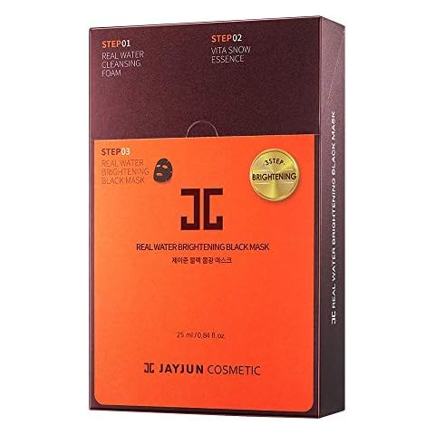 JAYJUN Real Water Brightening Black Mask, Pack of 10 Sheets, 25ml, 0.84 fl. oz., Brightening, Hydrating, Sheet Mask, 3 Step Cover